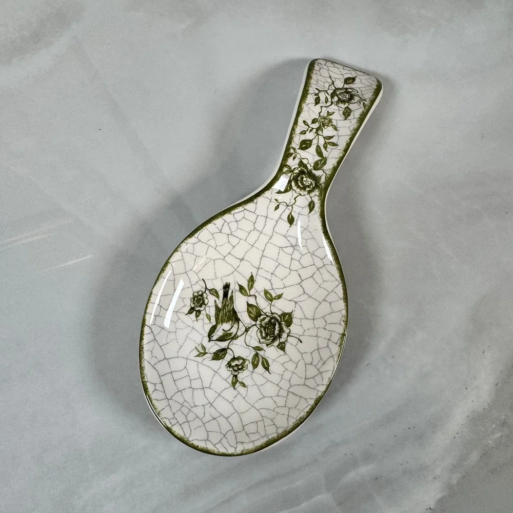 Cracker Barrel Susan Winget Garden Crackle Spoon Rest White Green Bird‎ Flowers